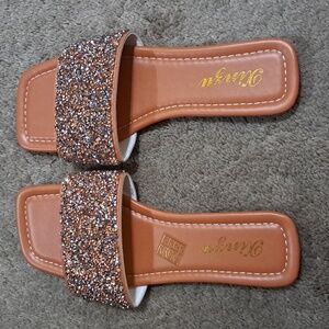 Fashion Tan  Gray Glittery Slide Sandals